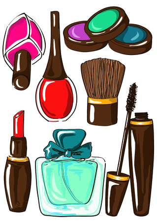 Hand drawn set of isolated cosmetics iconsのイラスト素材