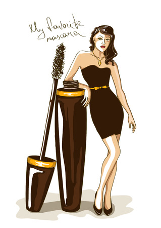 Hand drawn illustration with beautiful girl standing by a big mascaraのイラスト素材