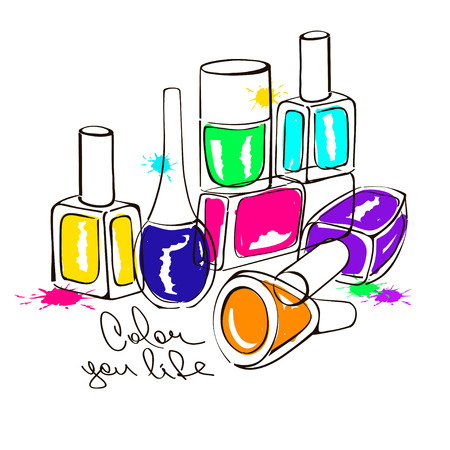 Hand drawn illustration with colorful nail polish bottlesのイラスト素材