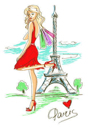 Sketch illustration of fashion girl and Eiffel Tower in Parisのイラスト素材