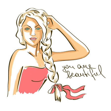 Hand drawn illustration with portrait of young beautiful girlのイラスト素材