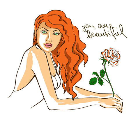 Hand drawn illustration with portrait of young beautiful woman holding rose flowerのイラスト素材