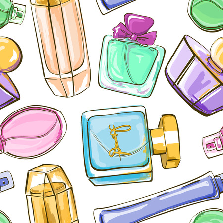 Hand drawn seamless pattern of perfume bottlesのイラスト素材