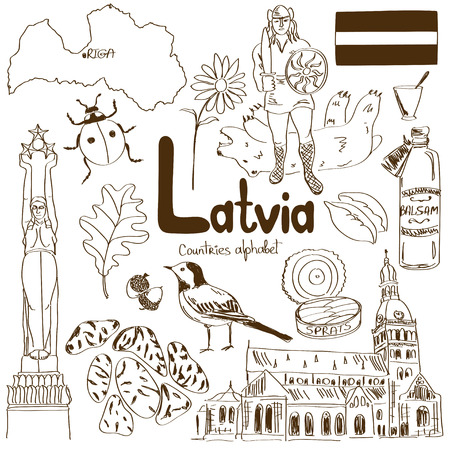 Fun sketch collection of Latvia icons, countries alphabetのイラスト素材