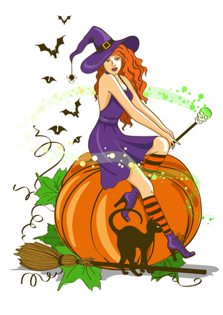 Illustration of isolated young beautiful witch sitting on the pumpkin and holding magic wandのイラスト素材