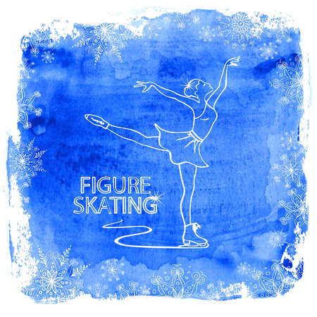 Winter illustration with figure skater girl framed by snowflakes on a watercolor backgroundのイラスト素材