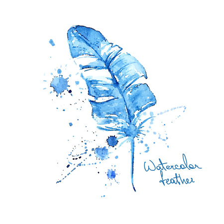 hand drawn isolated blue watercolor feather with blots and stainsのイラスト素材