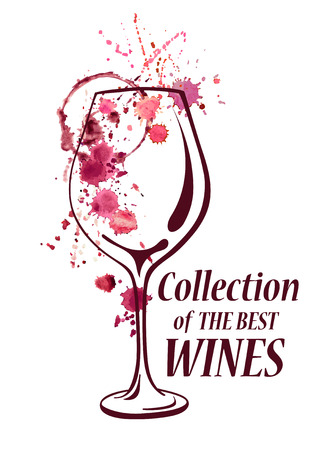 Vector watercolor emblem with wine glass, splash, stains and spilled blotsのイラスト素材