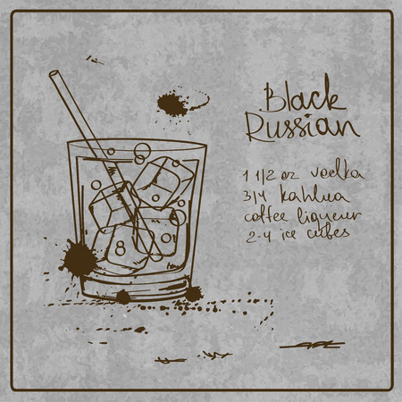 Illustration with hand drawn sketch Black Russian cocktail. Including recipe and ingredients on the grunge vintage backgroundのイラスト素材