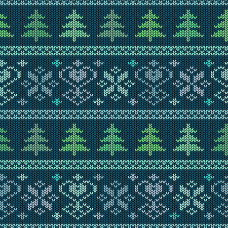 Seamless knitted pattern. Scandinavian ornament with trees and snowflakesのイラスト素材