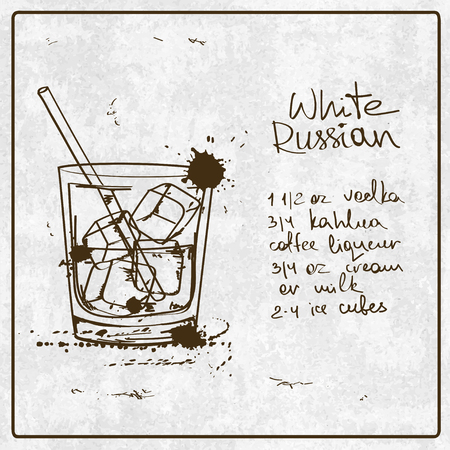 Illustration with hand drawn sketch White Russian cocktail. Including recipe and ingredients on the grunge vintage backgroundのイラスト素材