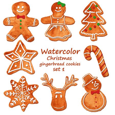 Funny set of isolated watercolor Christmas gingerbread cookies. Vector illustrationのイラスト素材