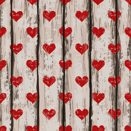 Seamless pattern with hearts and on a retro wooden boards backgroundのイラスト素材