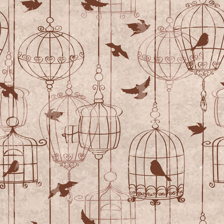 Retro seamless pattern with birds and cageのイラスト素材
