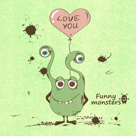 Retro sketch illustration with funny monster holding a heart shape balloonのイラスト素材