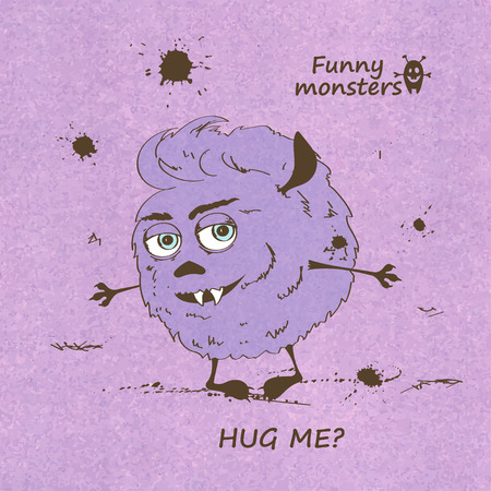 Retro sketch illustration with hugging funny shaggy monsterのイラスト素材