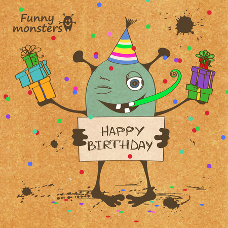 Retro sketch illustration with funny monster holding colorful gift boxes and greeting plateのイラスト素材