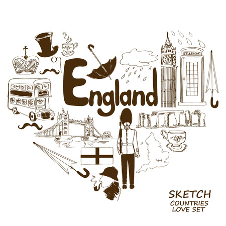 Sketch collection of English symbols. Heart shape concept. Travel backgroundのイラスト素材