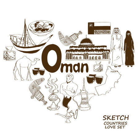 Sketch collection of Oman symbols. Heart shape concept. Travel backgroundのイラスト素材