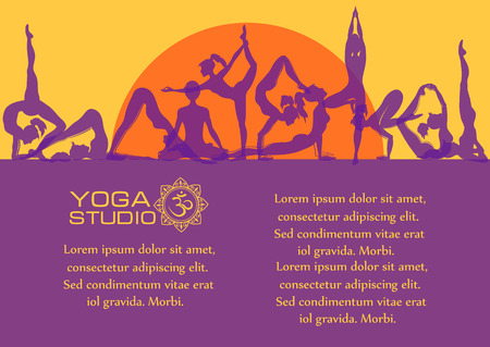 Vector yoga concept. Flat colorful set of yoga poses at sunriseのイラスト素材