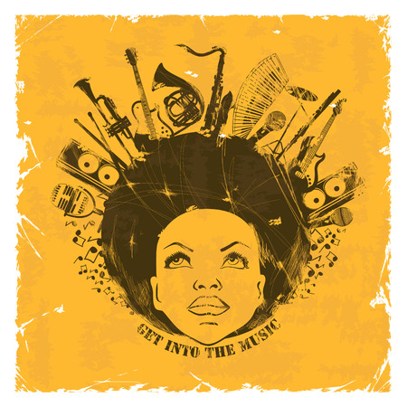 Illustration of African American young woman portrait with musical instruments on a retro background. Music creative conceptのイラスト素材