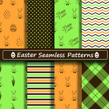 Set of black, green and orange Easter seamless patterns. Scrapbook design elements. All patterns are included in swatch menu.のイラスト素材