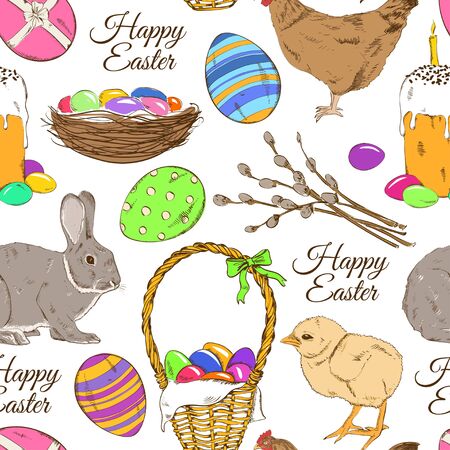 Colorful seamless pattern of sketch Easter symbols and greeting textのイラスト素材