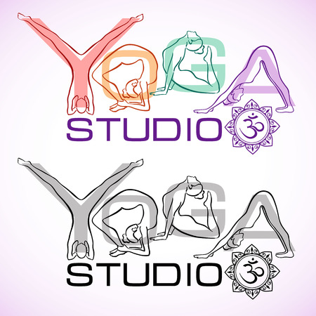 Yoga studio in colorful variations text yoga made of women silhouettesのイラスト素材