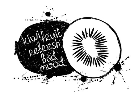 Hand drawn illustration of isolated black kiwi fruit silhouette on a white background. Typography poster with creative slogan.のイラスト素材
