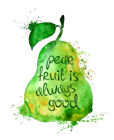 Watercolor hand drawn illustration of isolated pear fruit silhouette on a white background. Typography poster with creative slogan.のイラスト素材