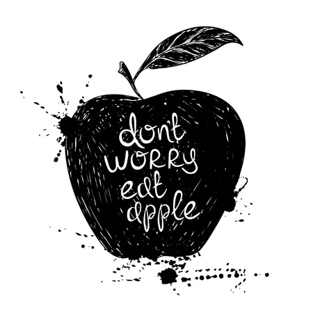 Hand drawn illustration of isolated black apple silhouette on a white background. Typography poster with creative slogan.のイラスト素材