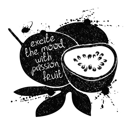 Hand drawn illustration of isolated black passion fruit silhouette on a white background. Typography poster with creative slogan.のイラスト素材