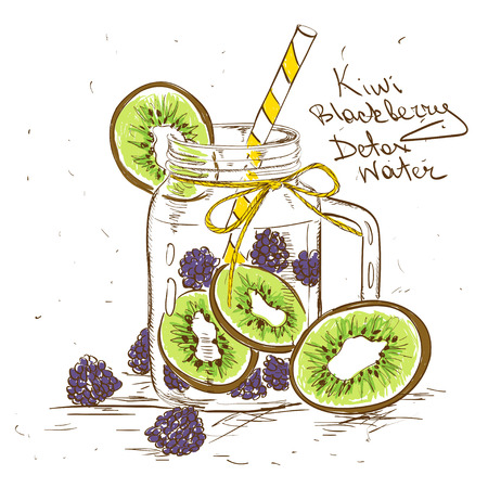 Hand drawn sketch illustration with Kiwi Blackberry detox water. Healthy lifestyle concept.のイラスト素材