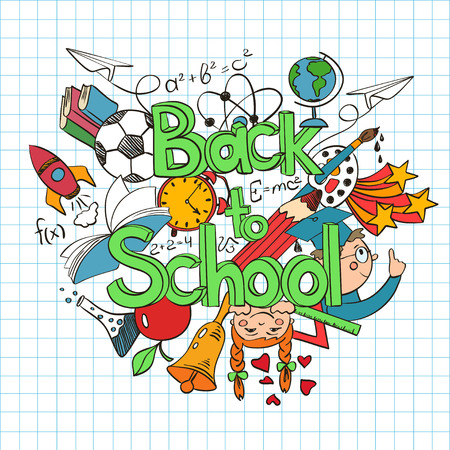 Hand drawn colorful sketch Back to School background. Abstract funny school scribbles on a sheet of exercise book.のイラスト素材