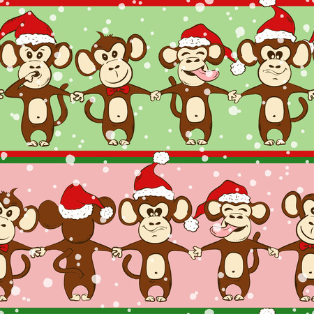 Seamless pattern with funny sketching monkey holding hands. Symbol of the New Year 2016.のイラスト素材
