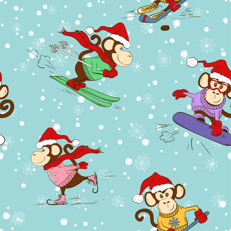 Seamless pattern of funny cartoon monkey doing winter sports. Skating, skiing, snowboarding and hockey.のイラスト素材