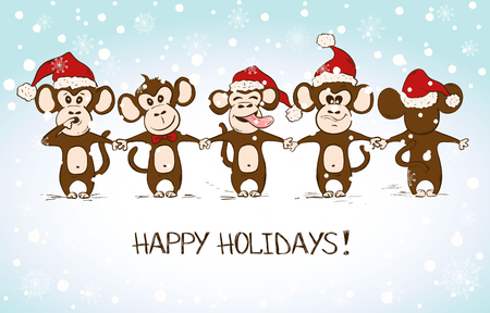 Funny sketching monkey holding hands - symbol of the New Year 2016. Greeting New Year and Christmas card.のイラスト素材