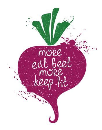 Hand drawn illustration of isolated colorful beet silhouette on a white background. Typography poster with creative poetic quote inside - more eat beet more keep fit.のイラスト素材