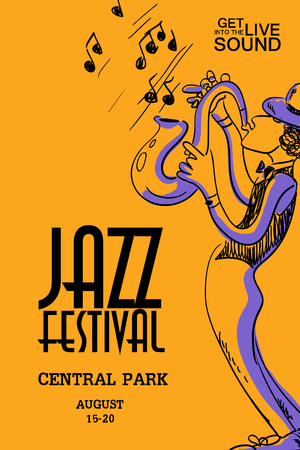 Musical creative poster with saxophone player. Jazz festival design concept invitation.