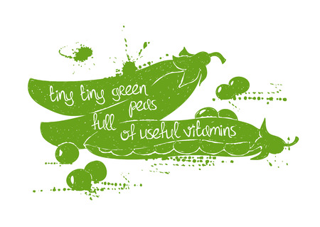 Hand drawn illustration of isolated green peas silhouette on a white background. Typography poster with creative poetic quote inside - tiny tiny green peas full of useful vitamins.のイラスト素材