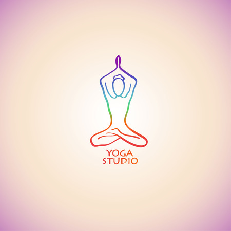 Creative rainbow yoga icon. Isolated woman's silhouette doing lotus yoga pose. Yoga concept design.のイラスト素材
