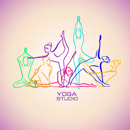 Creative Yoga icon. Colorful female silhouettes doing yoga poses. Yoga concept design.のイラスト素材
