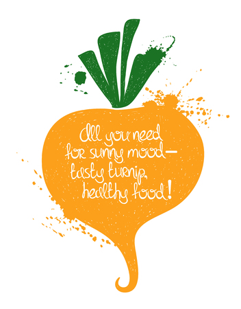 Hand drawn illustration of isolated yellow turnip silhouette on a white background. Typography poster with creative poetic quote inside: all you need for sunny mood - tasty turnip, healthy food.のイラスト素材