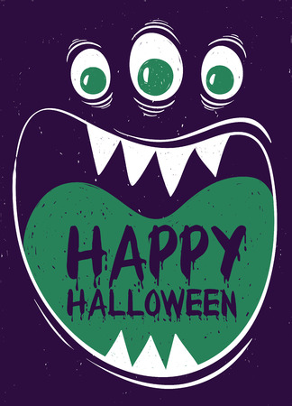 Happy Halloween greeting card. Funny cartoon muzzle of monster with wide open mouth.のイラスト素材