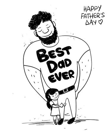 Sketch funny illustration with cute little baby girl daughter hugging dad. Happy Father's day greeting card. Family concept.のイラスト素材