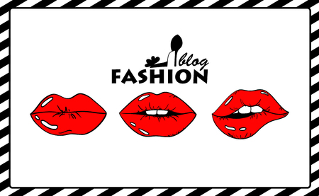 Cartoon fashion illustration with red sexy female lips. Beauty fashion blog concept.のイラスト素材