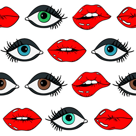 Cartoon seamless pattern of sexy glamour female lips with red lipstick and eyes on a white background.のイラスト素材