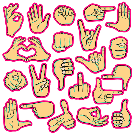 Set of cartoon human hands stickers, icons, emoji, gesture, signs and signals.のイラスト素材