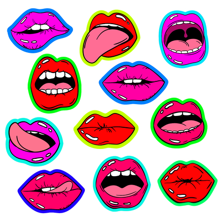 Colorful fun set of female lips stickers, icons, emoji, pins or patches in cartoon 80s-90s pop comic style. Woman's mouth with red and pink lipstick makeup in different emotions.のイラスト素材