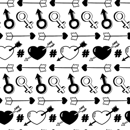Black and white funny love seamless pattern of heart, arrow, man and woman sign in cartoon 80s-90s pop comic style. Happy Valentine's day or wedding background.のイラスト素材